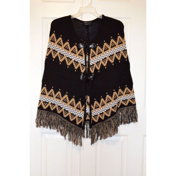 BCBG MAXAZRIA Poncho Sweater Shawl Women's S/M Black‎ Gold White Button Front - Picture 1 of 15